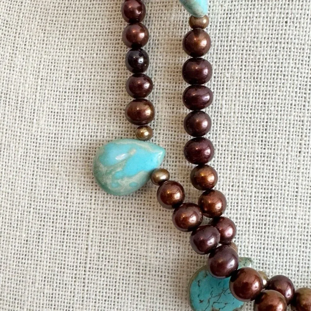 Turquoise Teardrop Bronze Pearl Double Strand Necklace Sterling Silver Bohemian